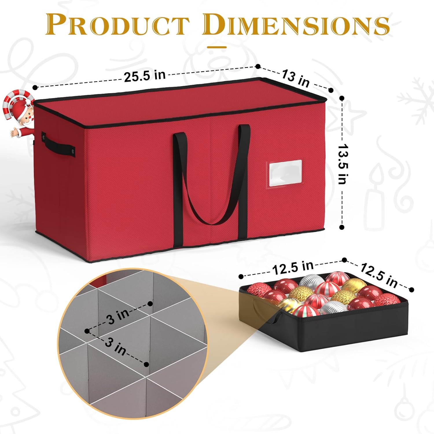 Christmas Ornament Storage Box With 8 Trays - Stores Up to 128 Holiday Ornaments, Christmas Storage Container with Side Pocket, Adjustable Dividers, Card Slot, Tear-Proof Fabric - Red - Image 4