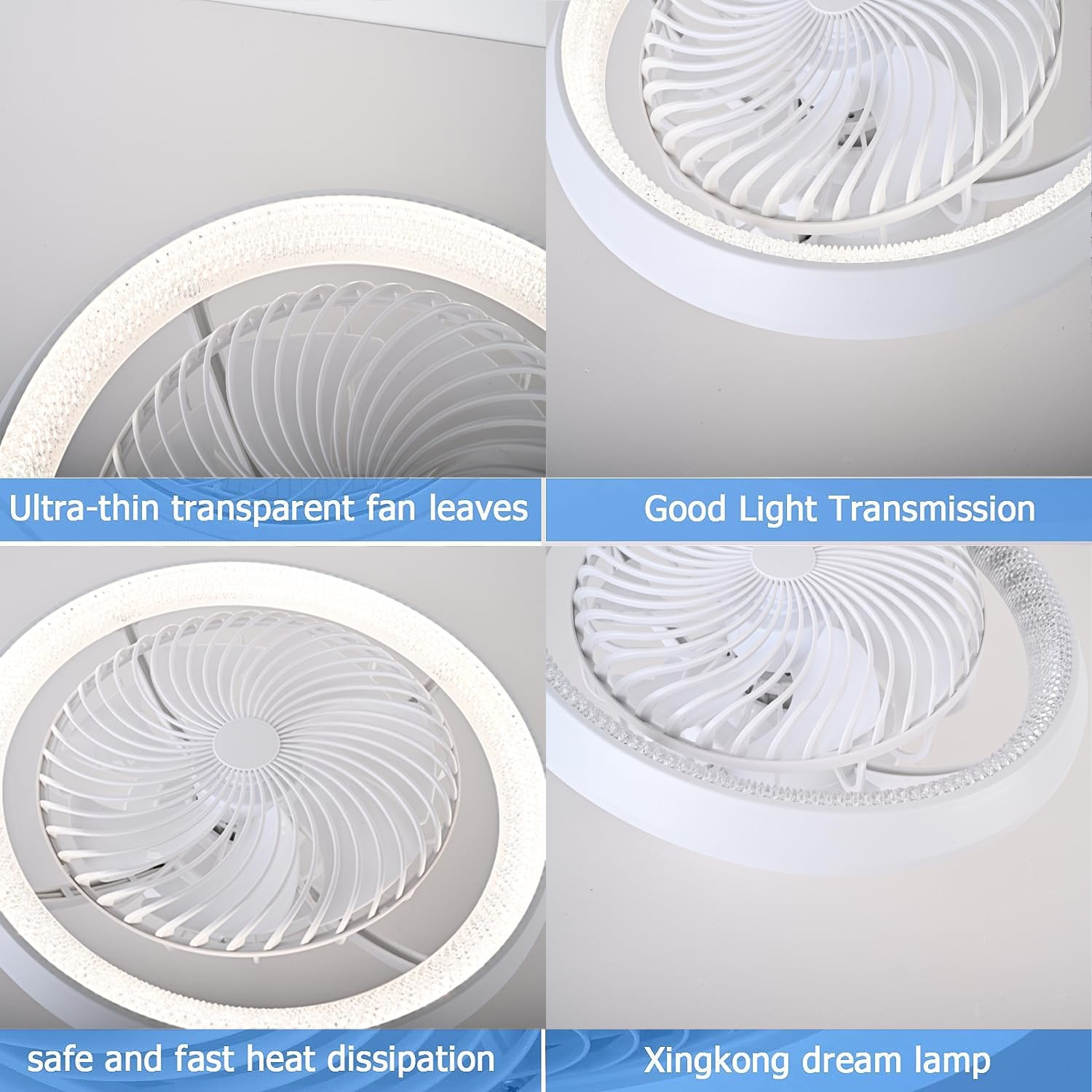 49cm Ventilatore da Soffitto con Luce e Telecomando, Silenzioso Lampadario Ventilatore LED, Rotante a 360°, 6 velocità, 72W Plafoniera con Ventilatore per Camera da Letto Soggiorno, Bianco