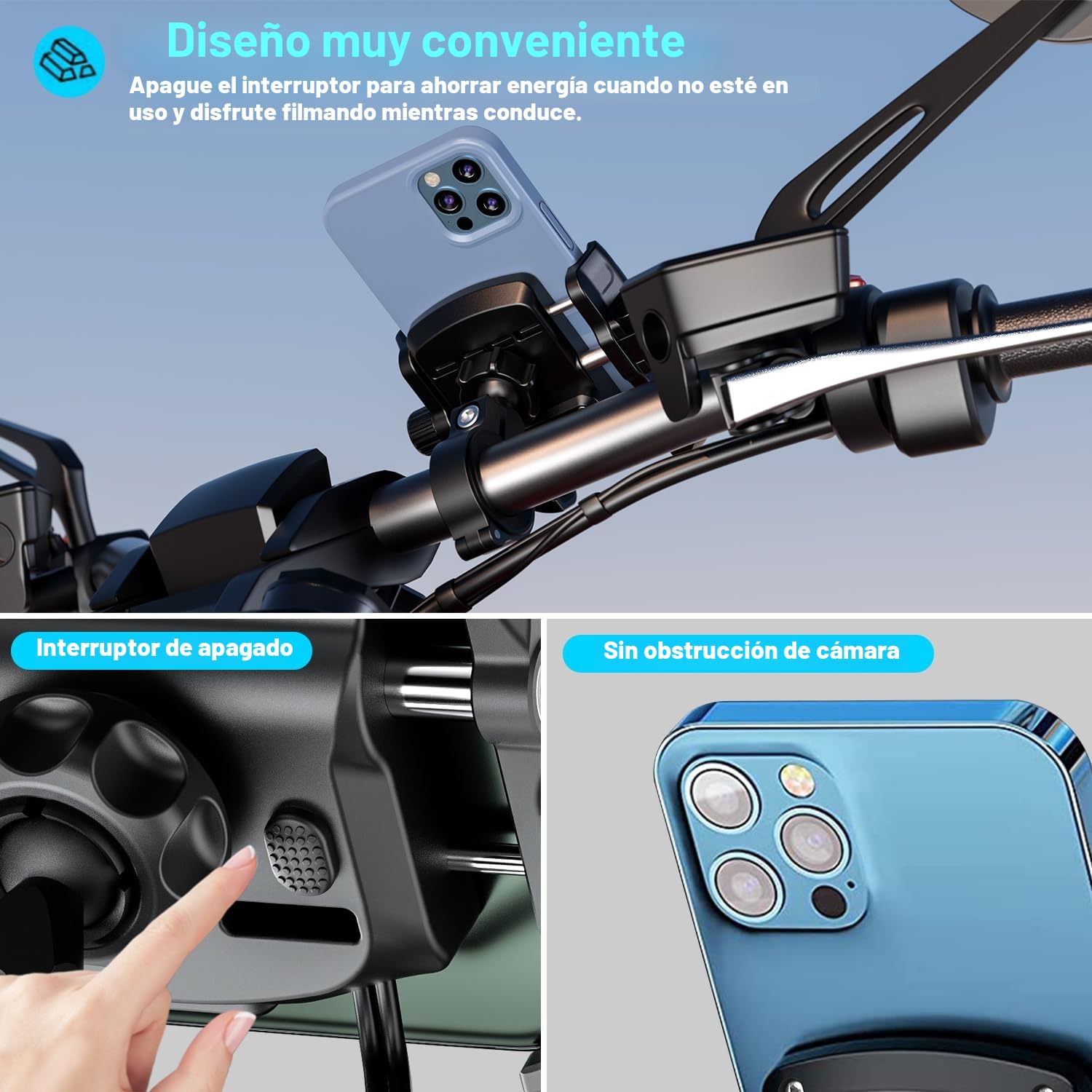 iMESTOU Aluminio Soporte Móvil Moto con USB Cargador, Carga Rápida Soporte Movil USB C para Moto, Compatible con Teléfonos de 5.4" a 7.2" de Hasta 15 mm de Grosor, se Adapta a Manillares de 12 a 32 mm