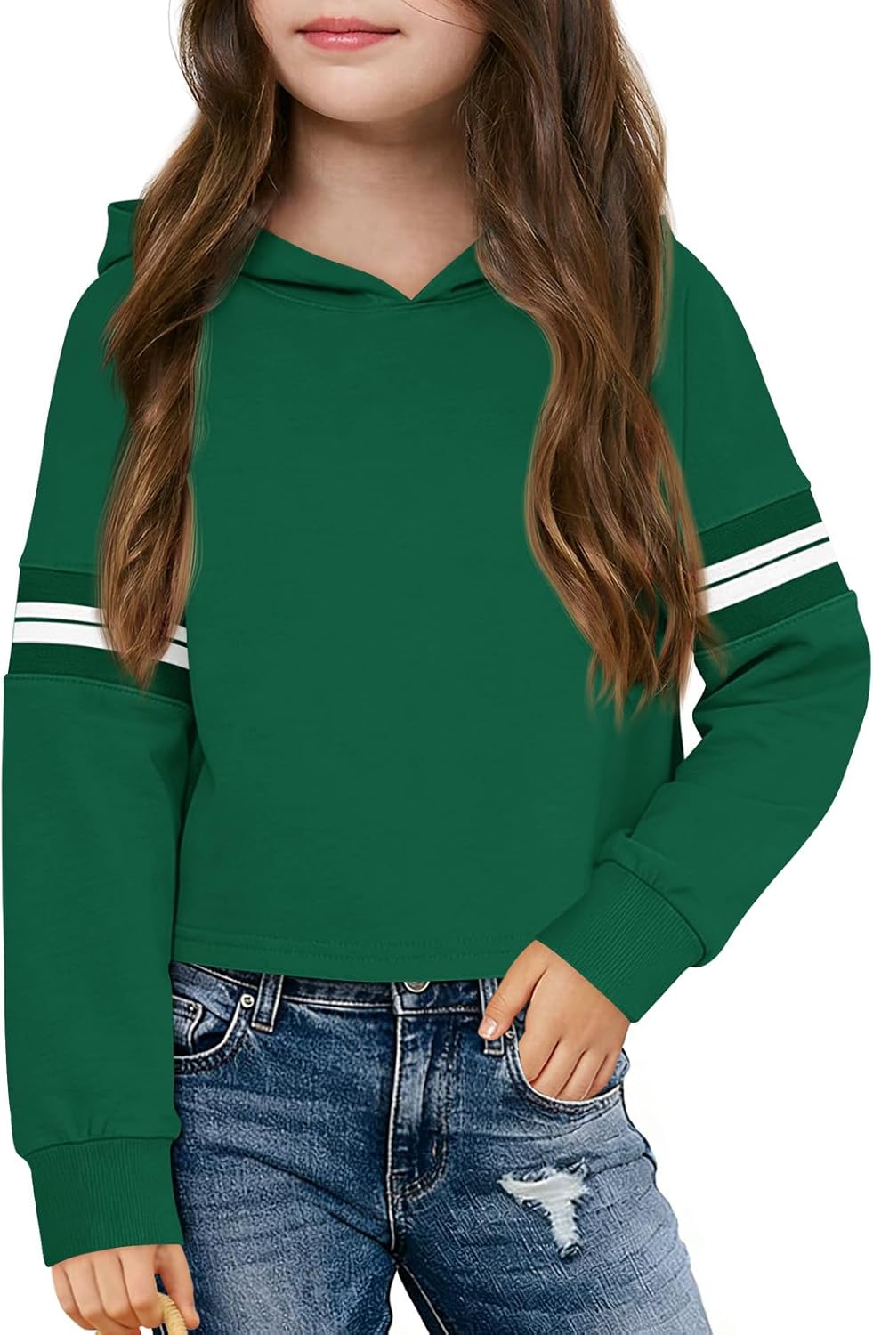 Haloumoning Girls Fashion Hoodies Kids Cute Striped Long Sleeve Crop Tops Hooded Sweatshirts 5-14 Years