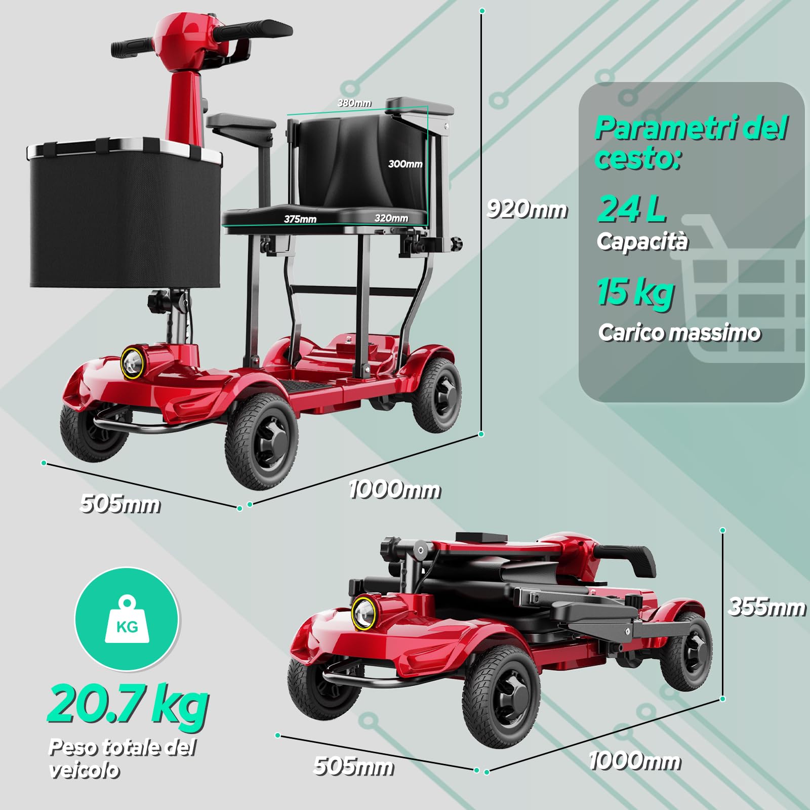 X-17 Scooter di Mobilità 4 Ruote, Autonomia 30km, Leggero e Pieghevole, Peso Massimo 130kg, 8 km/h, Sedere Confortevole, Ideale per Anziani e Disabili