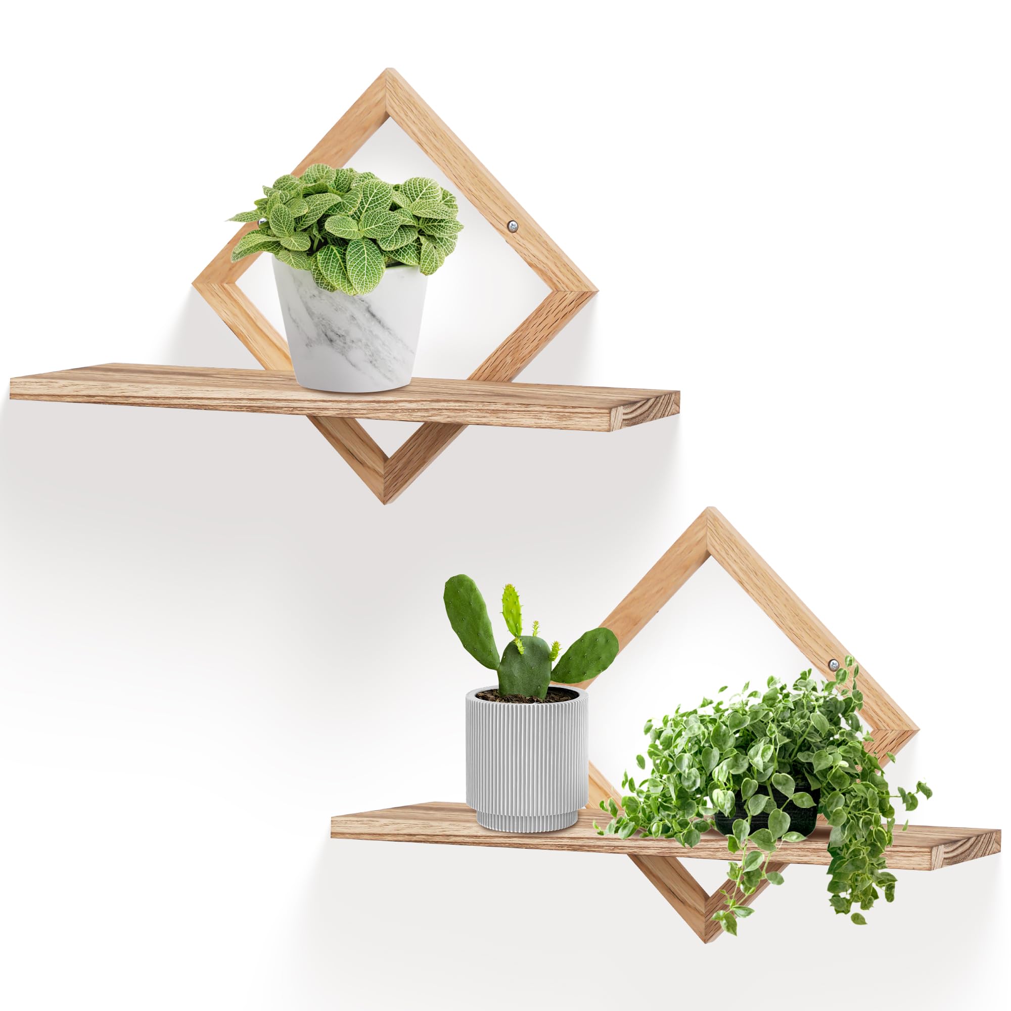 Floating Shelves for Wall,Decorative Wall Shelf,Hanging Shelf for Plants Storage Display Holder,Indoor Decor for Living Room Home Office Bathroom Bedroom,Solid Wood,Diamond Shaped,2 Pack(Natural)