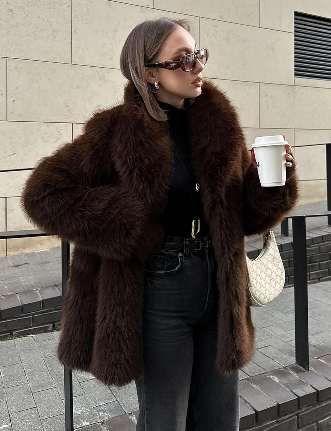 Flygo Womens Long Faux Fur Coats Fluffy Faux Fur Jacket Long Sleeve Lapel Furry Coats Fuzzy Winter Jacket - Image 4