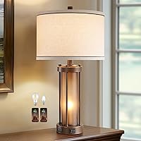 Vista 2 de RORIA - Juego de lámparas de mesa de granja para sala de estar con 2 puertos de carga USB, lámpara de mesita de noche rústica vintage con luz 1