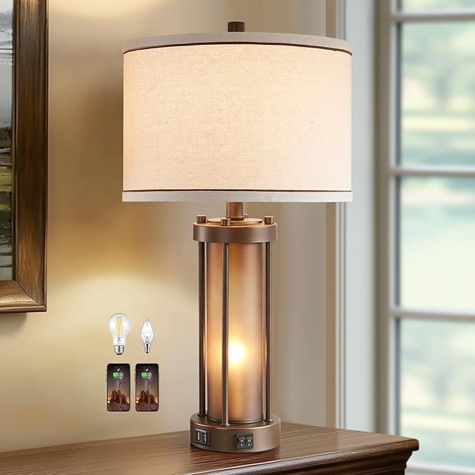 RORIA RORIA Farmhouse Table Lamps for Living Room with 2 USB Charging Ports, Vintage Rustic Nightstand Lamp with Amber Glass Nightlight, Retro Desk Lamp for Bedroom Entryway, 2 Bulbs Included photo 2
