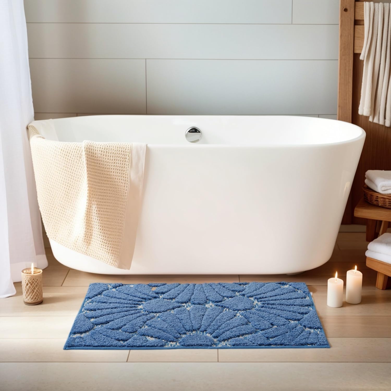 3D Luxury Shell Blue Ombre Geometric Bathroom Mat, 20"x32" Extra Soft and Absorbent Microfiber Bath Rug, Non-Slip TPR Back, Plush Shaggy Bath Carpet for Floor