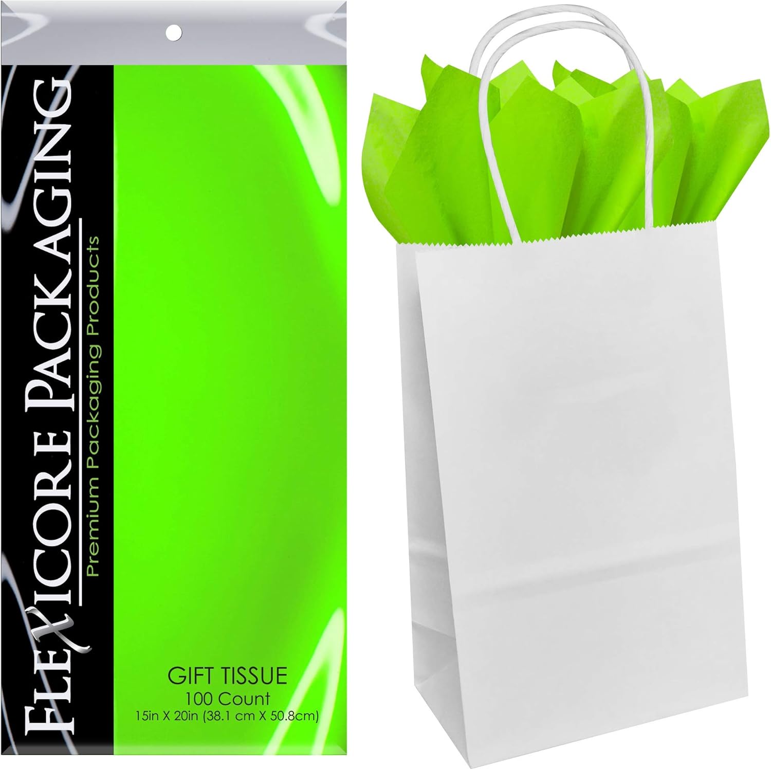 Flexicore Packaging White Kraft Paper Gift Bags & Lime