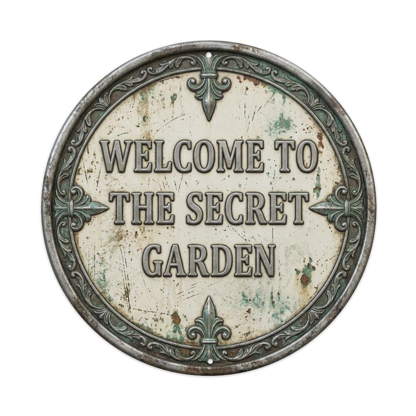 Vintage Welcome Secret Garden Pewter Cream Finial Metal Tin Sign