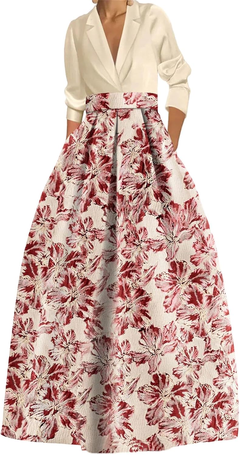 A-Line Shirt Collar 3/4 Sleeves Floor Length Mother of The Bride Dress Wedding Guest Dresses with Printed Flower