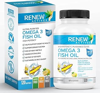 Renew Actives Omega 3 Fish Oil, 1200mg HIGH POTENCY Purified Organic Omega 3 Fish Oil Supplements with 720mg Omega 3 DHA & EPA, Incredibly Healthy Fats to Support Brain Function and Cardiovascular Health, Wild-Harvested, Nordic Omega 3 Fish Oil, GMO & Gluten Free, No Fishy Aftertaste, 120 Easy to Swallow Soft Gels