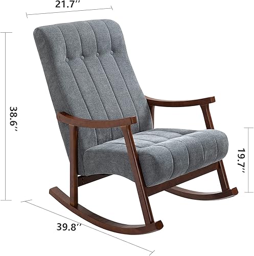 Miniatura 3 de AVAWING Mecedora tapizada con asiento acolchado de tela cómoda madera maciza para sala de estar sillón moderno con respaldo alto sofá individual