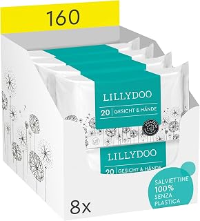 LILLYDOO Chusteczki nawilżające do twarzy i rąk, 160 sztuk (8 x 20), 100% bez plastiku