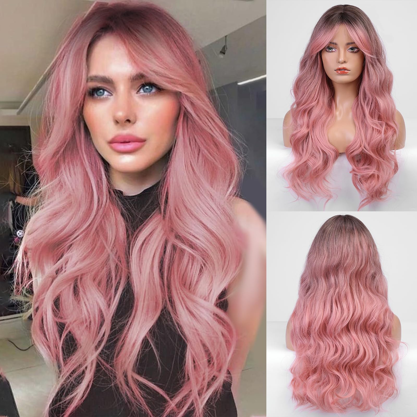 HAIRCUBE Ombre Pink Wavy Wig, 26 Inch, Heat Resistant, 60% Density, Small Cap, Daily Party Use
