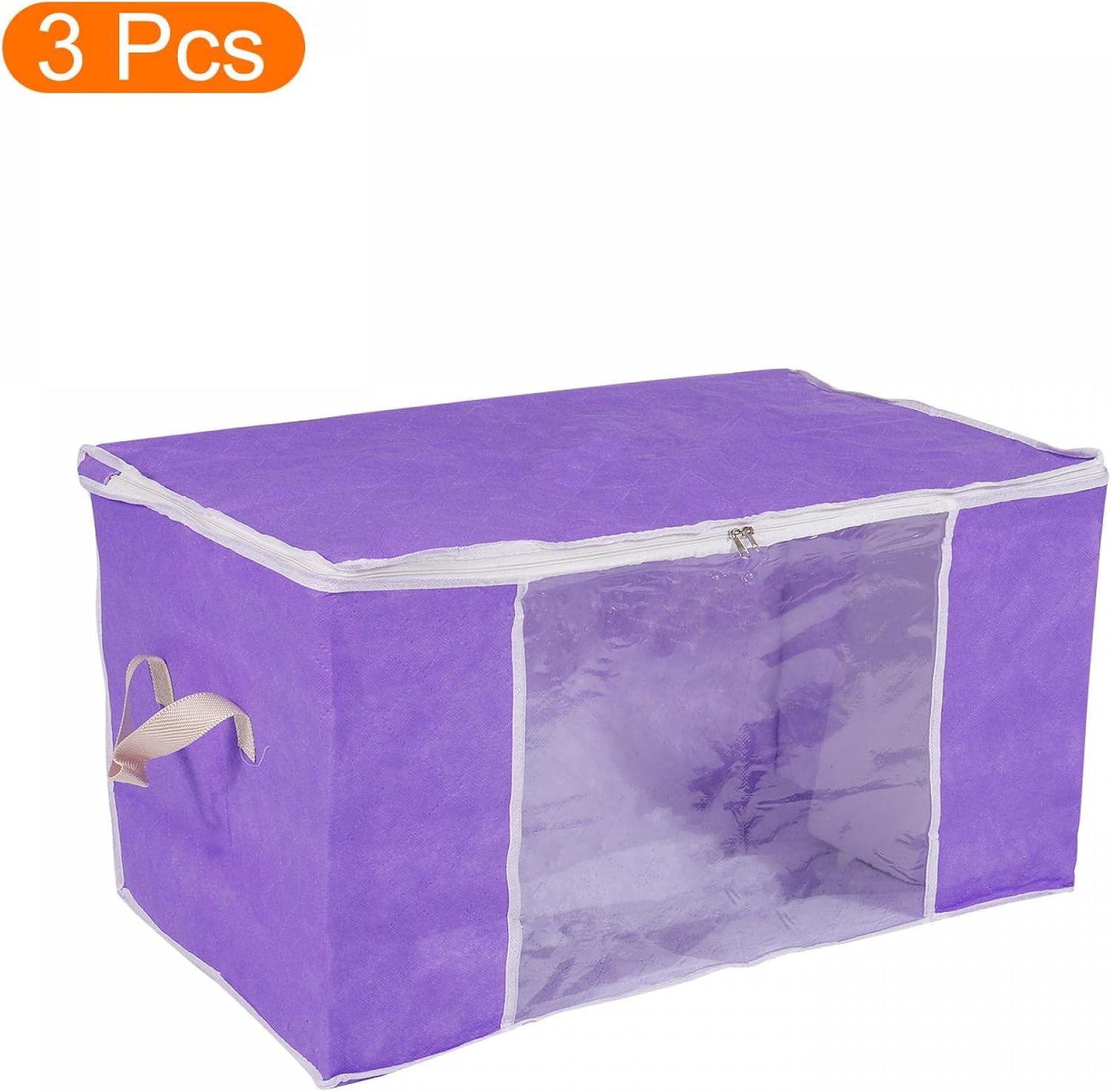 uxcell Clothes Storage Bag 3pcs, Foldable Storage Bins for Clothes, Comforters Storage Bags with Reinforced Handle, Sturdy Zipper, Closet Organizer with Clear Window-Purple