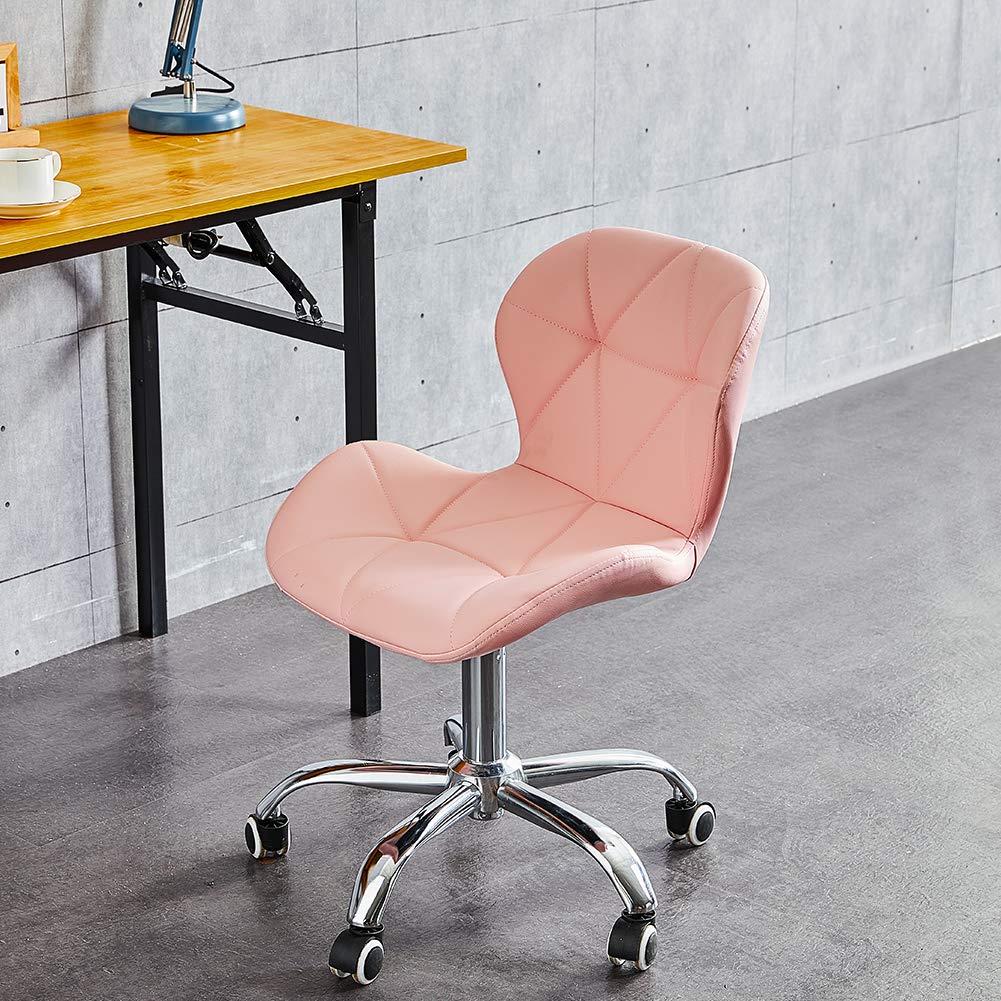 Silla de oficina de piel sintética rosa con rotación de 360 grados de altura ajustable y ruedas, elegante y cómoda silla de escritorio para uso doméstico u oficina