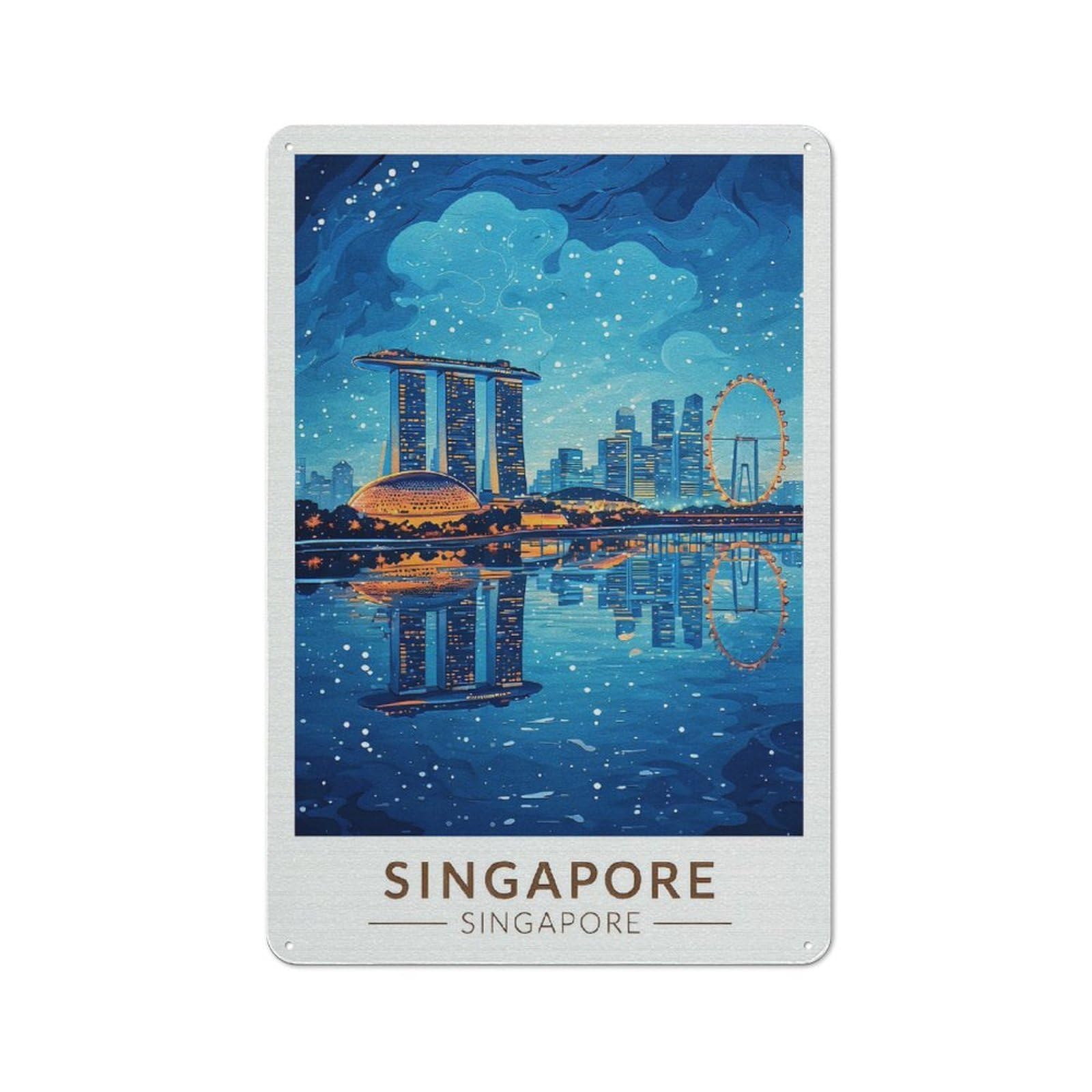 Junmoney Style-11 Singapore Skyline Reflection Rustic Tin Wall Plaque 30X20cm For Hobby Room Or Studio, A Christmas Gift For People Styling Hobby Room And Studio