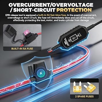 EPB Emergency Release Tool, 2 Connect Ways&3 Fuse Dual-Channel Control, Over-Current & Reverse Polarity Protection Electronic Parking Brake Tool for Most Gasoline Hybrid EV Repair Road Rescue
