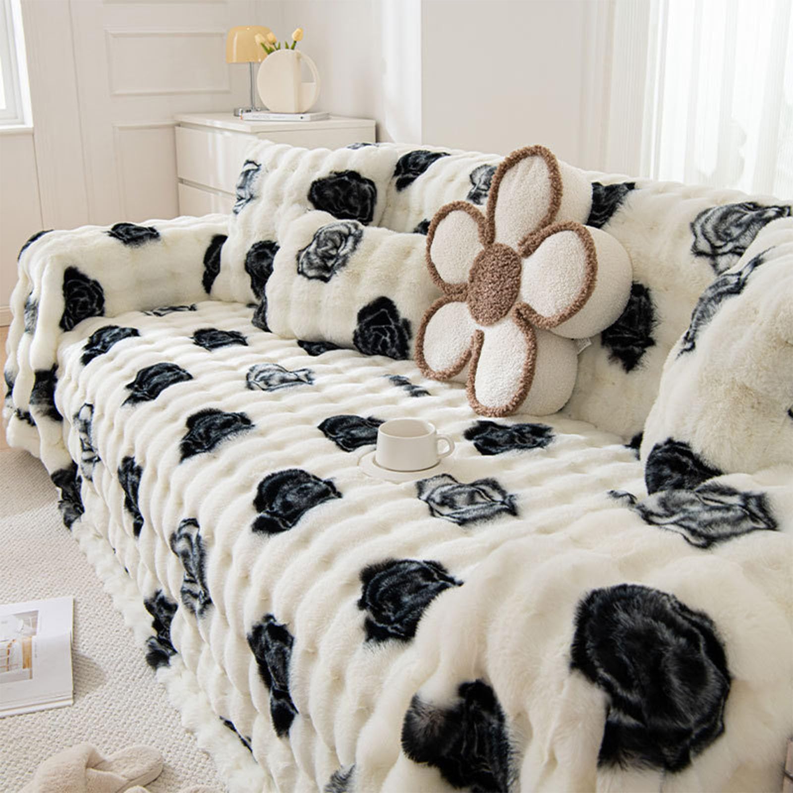 Canapés en L et modulables : housse de canapé fausse fourrure lapin rose 180x130