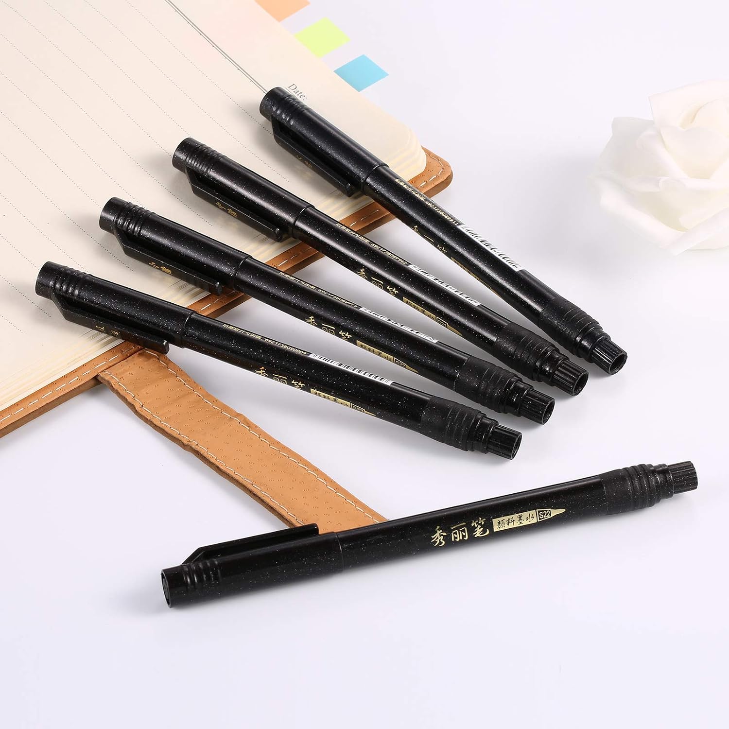 Black Brush Marker Pens, Calligraphy Pen Suitable for Cards Writing Signature Lettering Painting Pens (Black, 5 Brush Pens and 1 Refill)