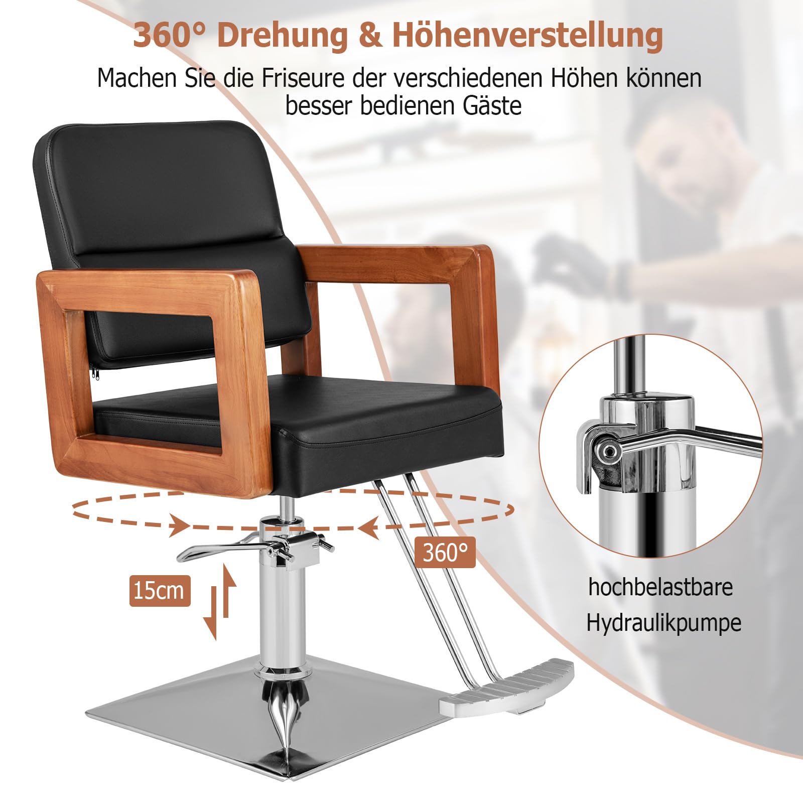 COSTWAY Friseurstuhl Sitzhöhe verstellbar von 50-65cm, Barbersessel belastbar bis 250 kg, Salonstuhl mit 360° Drehung, Hydraulischer Pumpe, Spa Friseursessel mit Holzarmlehnen