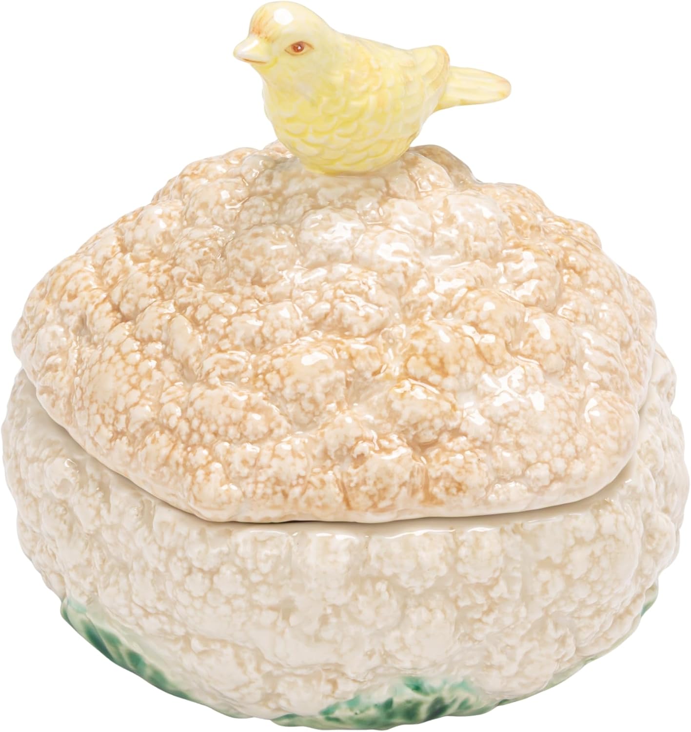 Creative Co-Op Stoneware Cauliflower-Shaped Container with Lid and Bird, White, Yellow and Green