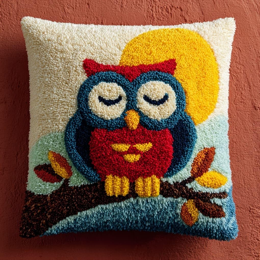 Henypt Latch Hook Craft Kit 17x17 Inch,Owl on the Moon Complete Embroidery Cushion Kit,Creative Craft Stress Relief Handmade Gift for Beginners