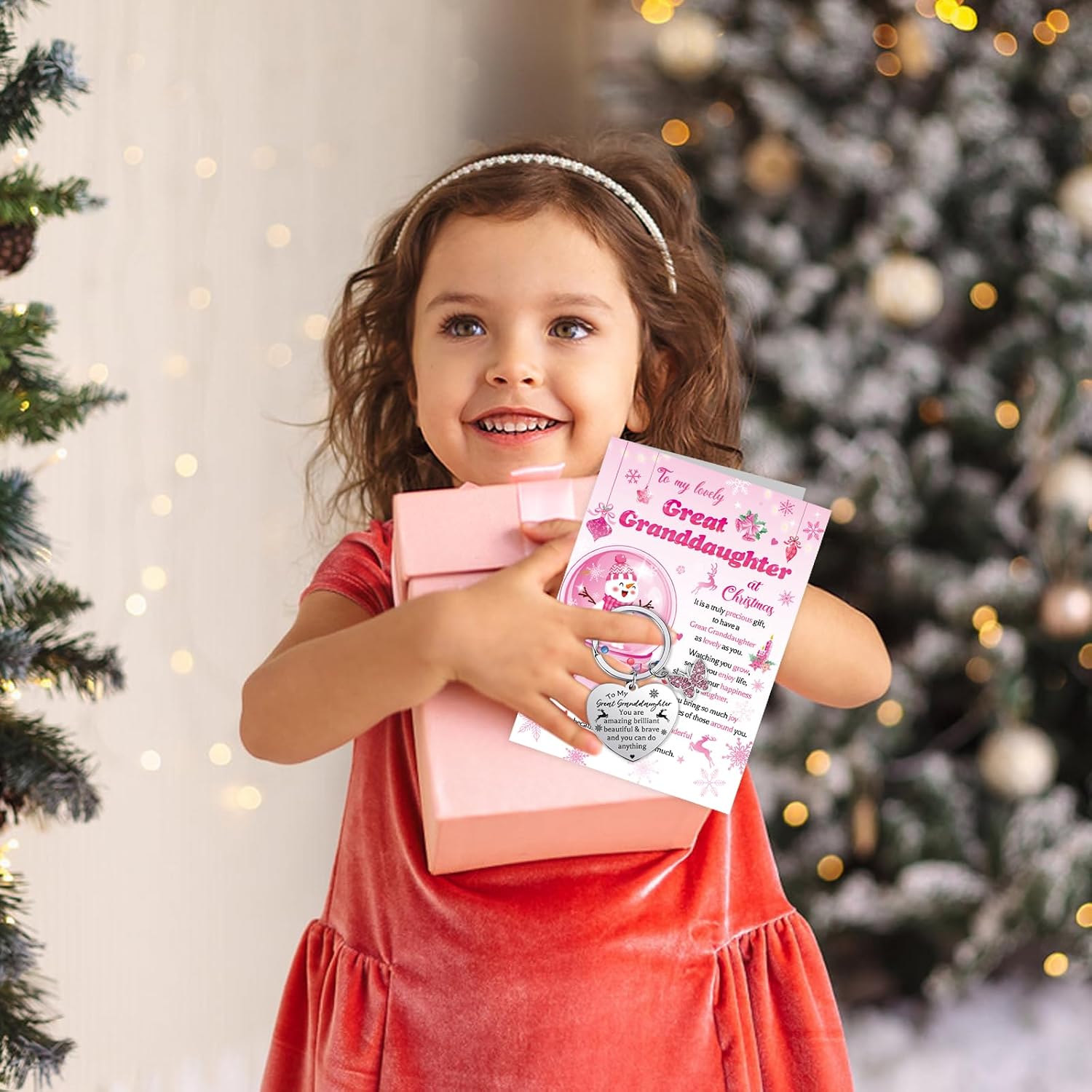 HOWAF Great Granddaughter Christmas Card, Merry Christmas Gift Card with Keyring for Great Granddaughter Xmas Holiday Greeting Card with Key Chain