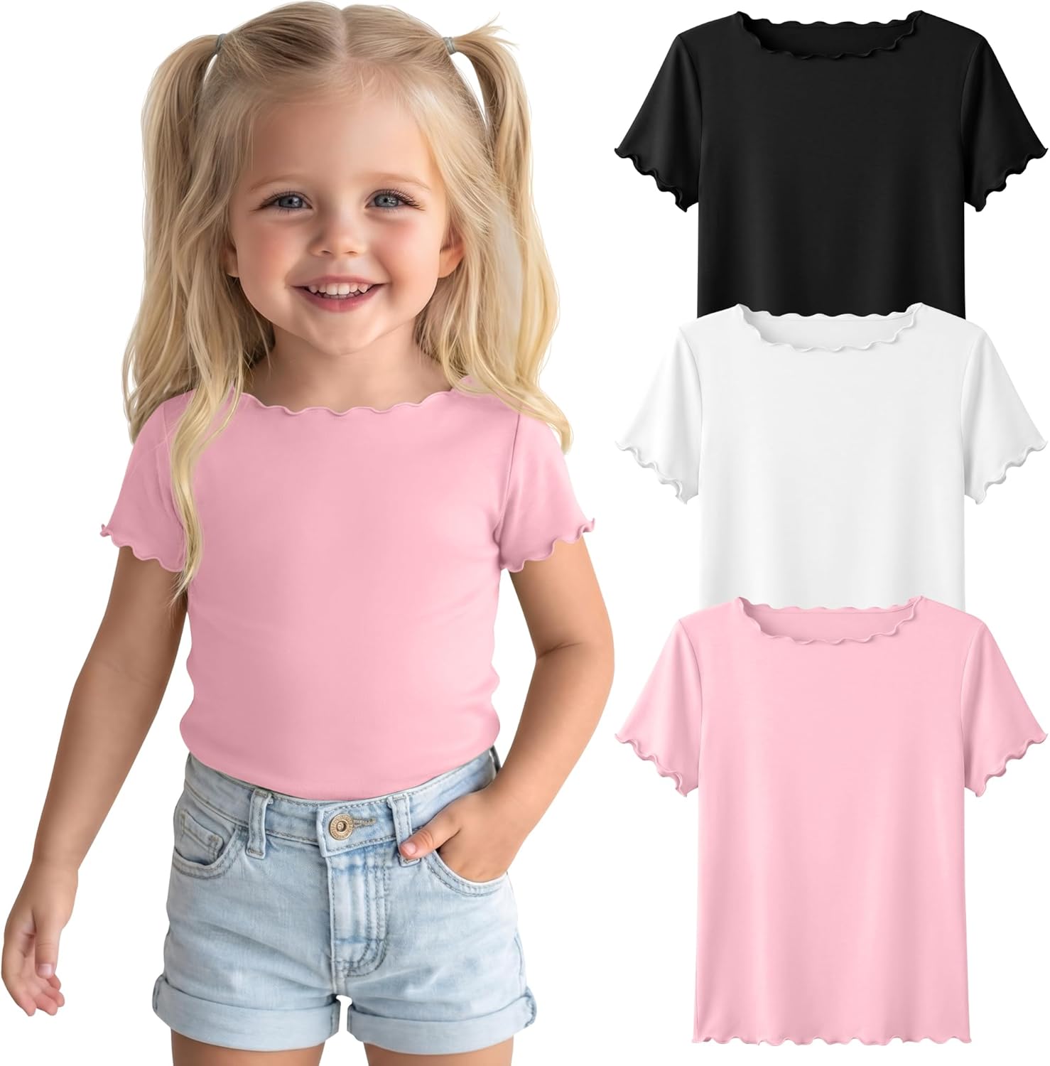 3 Pack Toddler Baby Girls' Short Sleeve Shirts Lettuce Trim Boat Neck Kids Tees Solid Casual Basic Tops 18M-5T