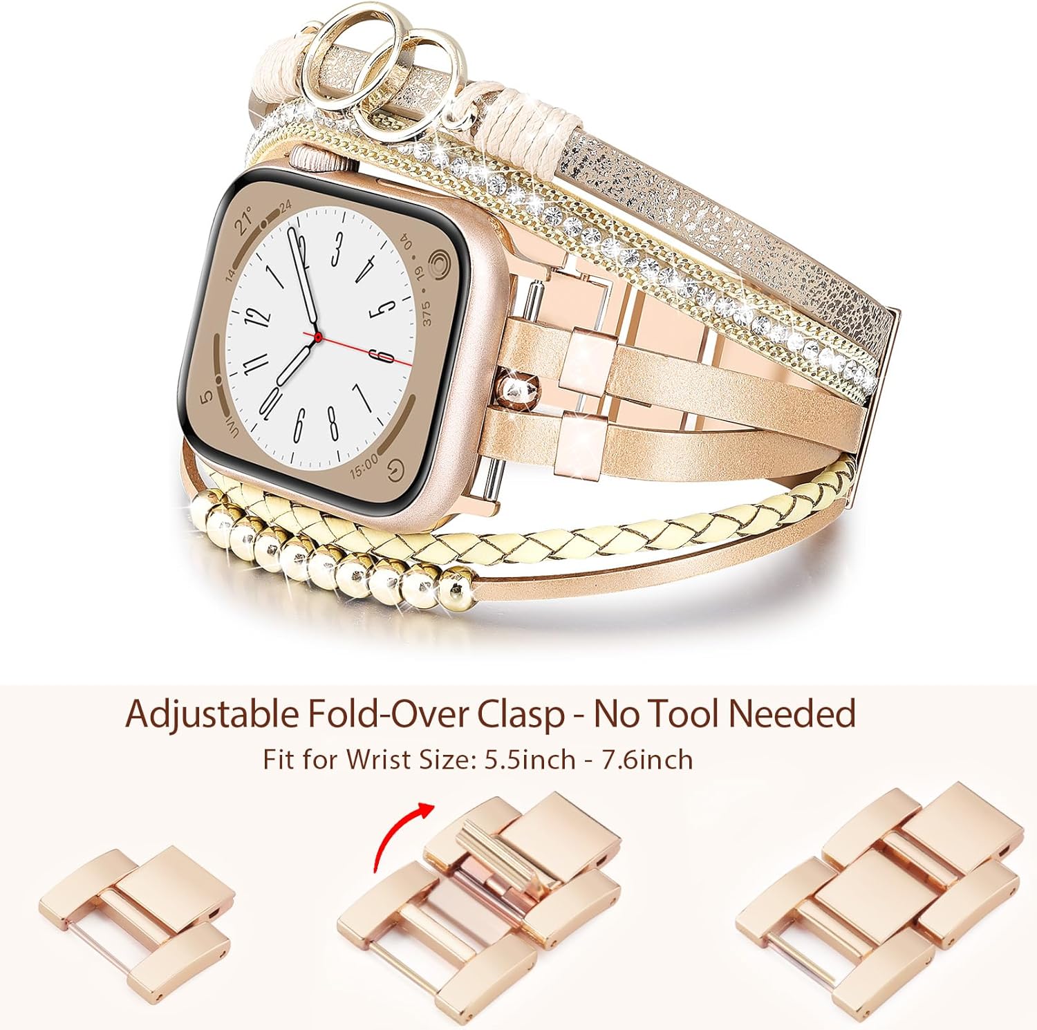 MOFREE Boho Leather Bracelet Compatible with Apple Watch Band 38mm 40mm 41mm Women, Handmade Multilayer Wrap Beaded Jewelry Apple Watch Strap for iWatch Series 10 9 8 7 6 5 4 3 2 1 Rose Gold - Image 3