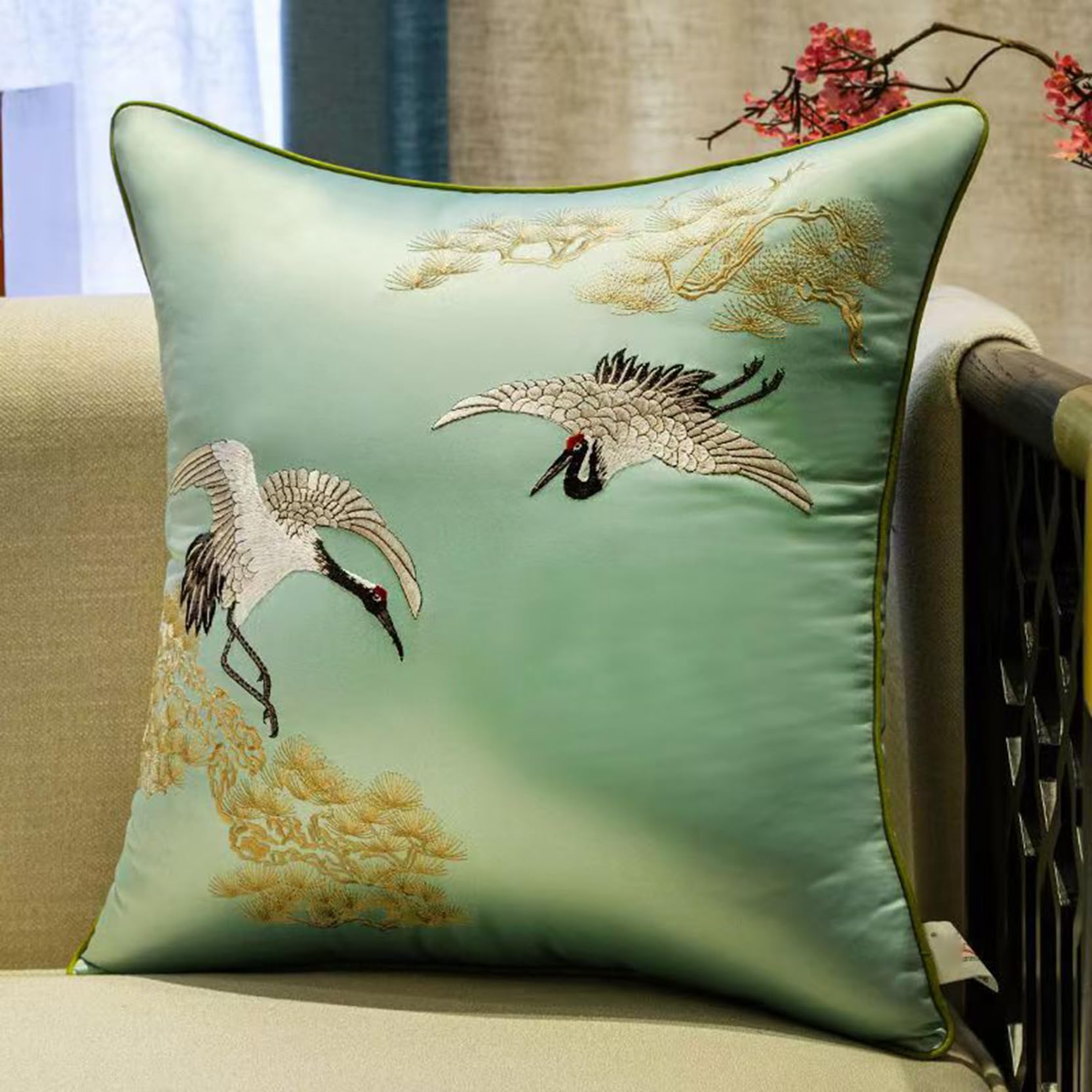 Housses coussin en satin brodées taies d'oreiller traditionnelles bleu clair 60x60 cm