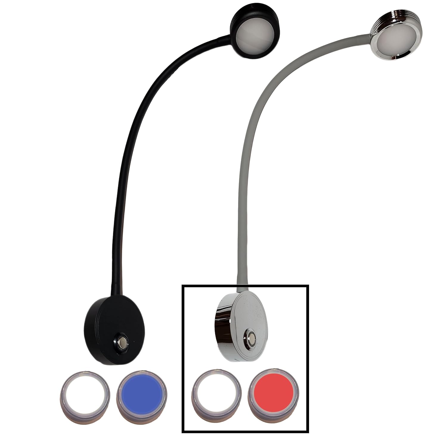 Wave One Marine Dual Color Gooseneck LED Chart Reading Light | Flexible Dimmable Sailboat Cabin Wall Map Boat Yacht RV Interior Night Lighting 12-24V Volt (Chrome | White & Red)