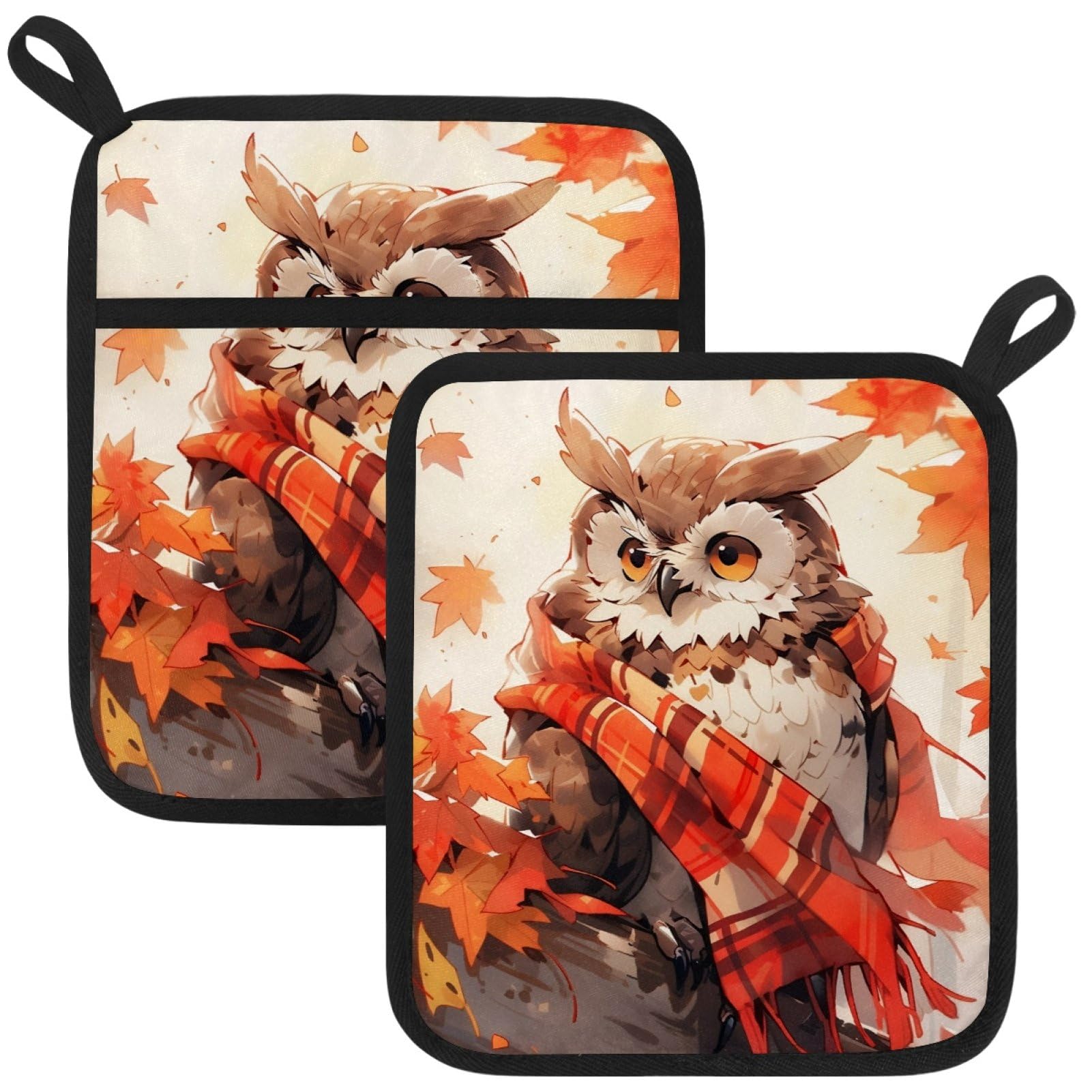 VAPOKF Maple Leaf Owl Pot Holders with Pocket for Kitchen Heat Resistant Potholders Large Polyester-Cotton Square Oven Mitts Set