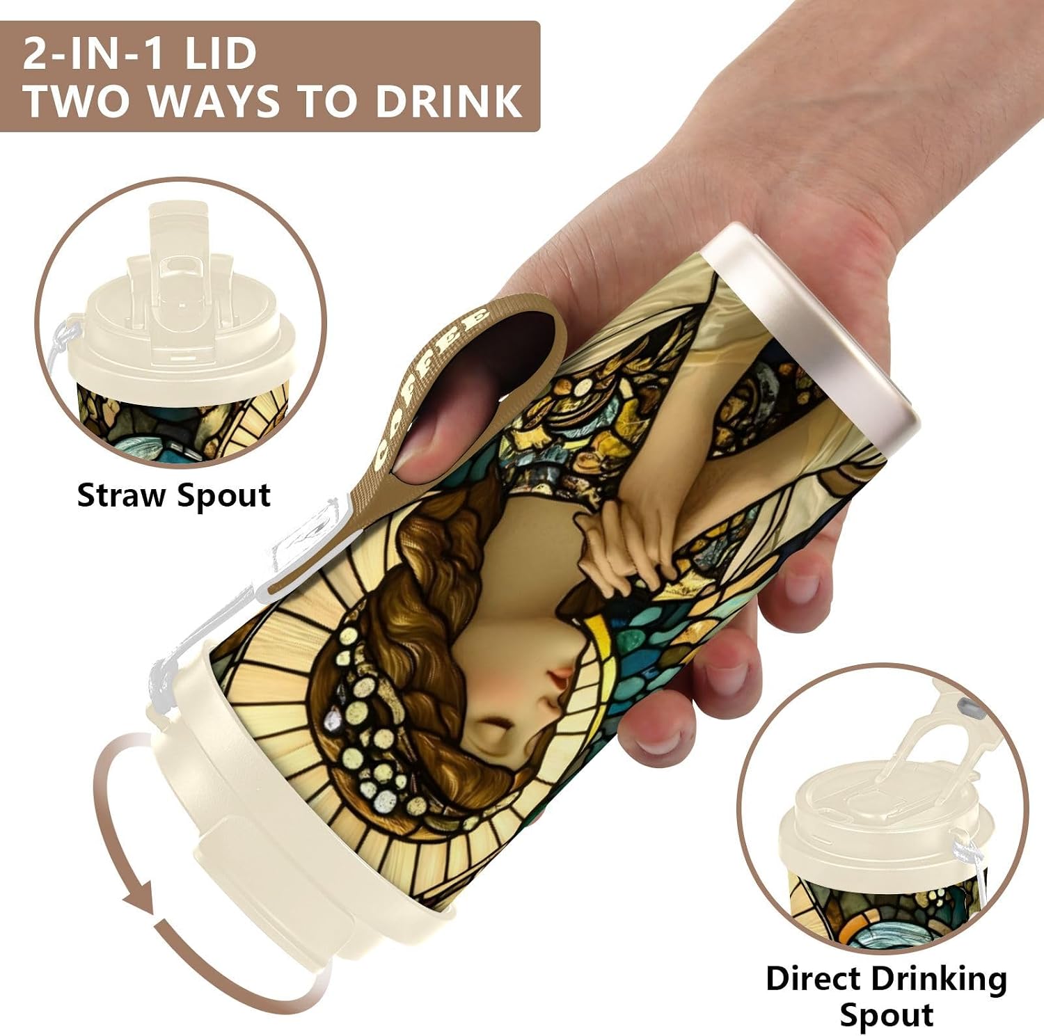 Insulated Coffee Mug Archangel Woman Stain Glass with Straw & Flip Lid, 16.9oz Iced Tumbler Cup, Double Wall Vacuum Mug for Travel Office Camping