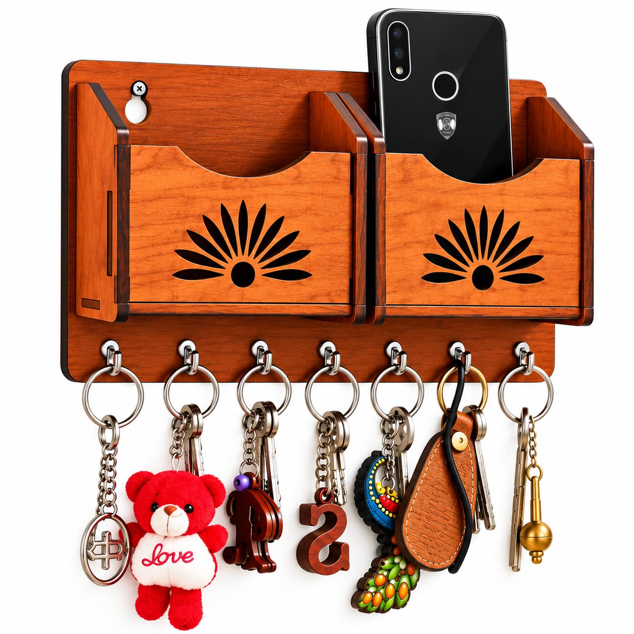 CAPIO ART Wooden Key Holder - 7 Hooks & Mobile Storage -1