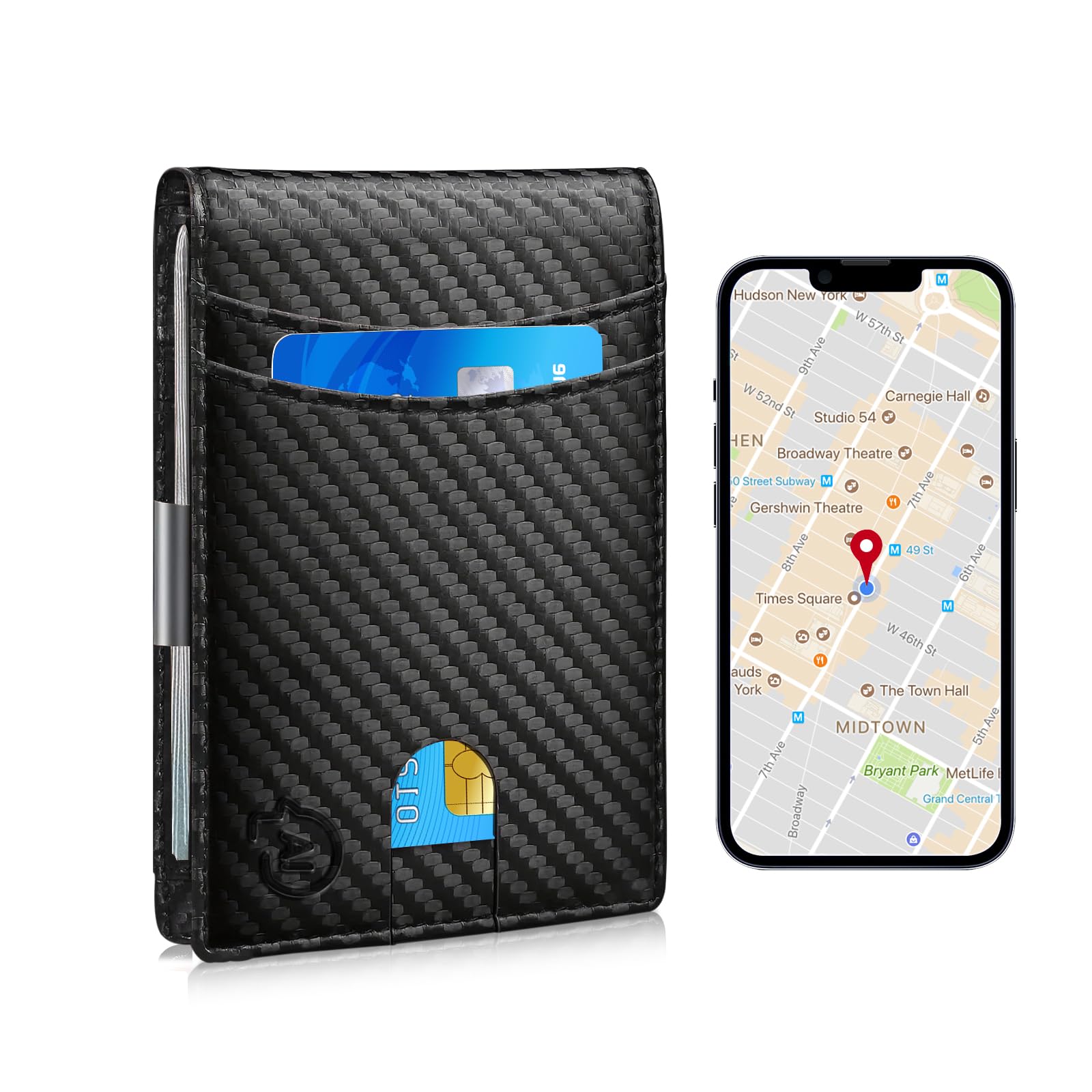 Anti-Lost Trackable Smart Wallet Tracker - Leather Bluetooth Credit Card Holder with Metal Money Clip Minimalist Smart Men's Wallet (Carbon Black)-image-9