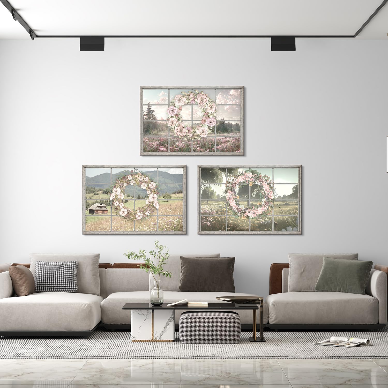 Country Decor Farmhouse Wall Art Rustic Wall Decor with Flower Wreath Decor Country Wall Decor Landscape Wall Art Floral Wall Art Country Posters Rural Wall Art for Room Decor (28''Hx40''Wx3PCS)