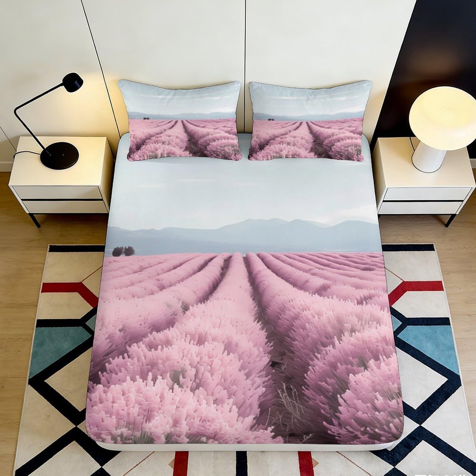3D Printed Lavender Field Fitted Sheet Microfiber Pink Landscape Bed Cover for Bedroom Guest Room Mattress Protection Decor 90x200x25cm