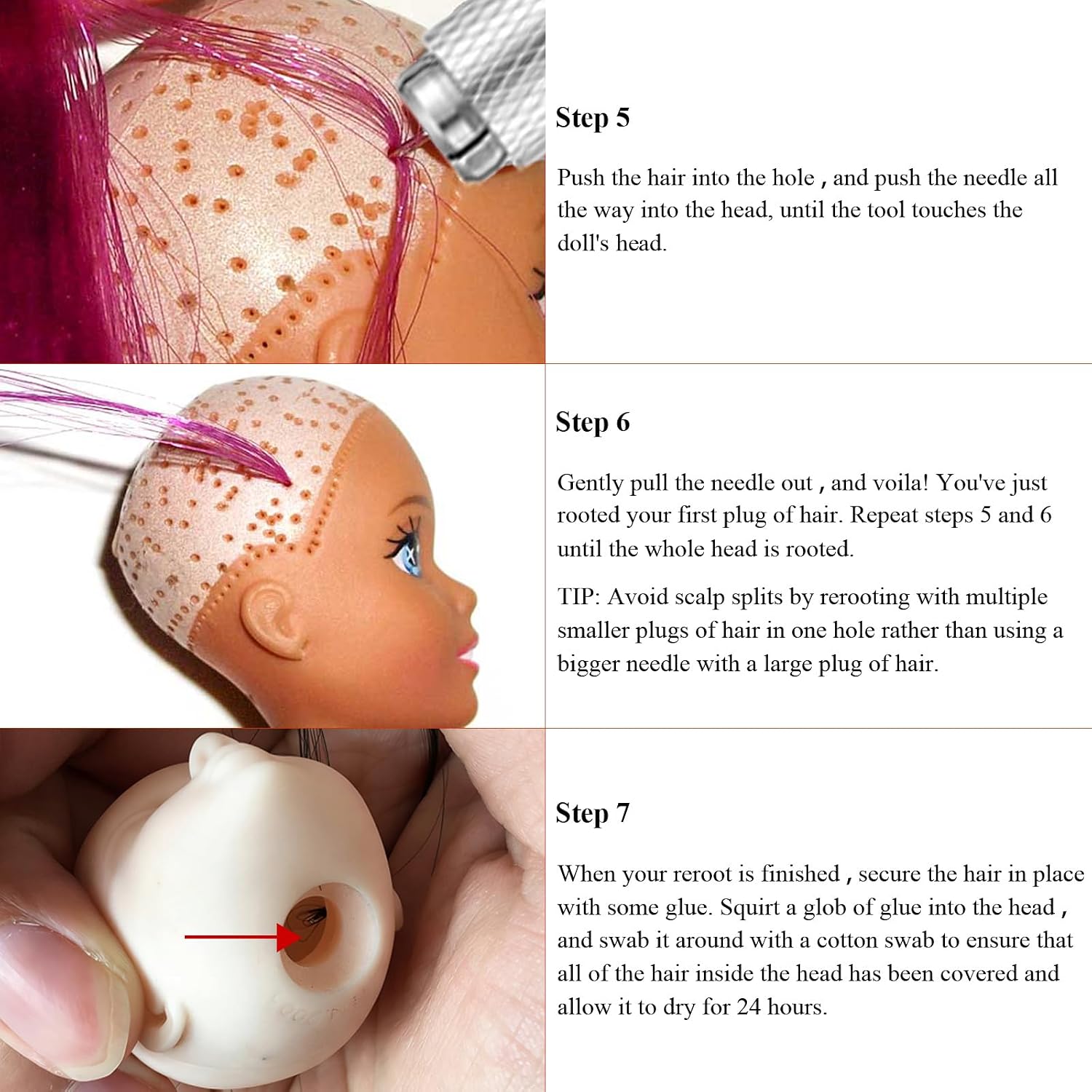 Professional Doll Hair Rooting Tool Kit, Doll Hair Re-Rooting Tool with 4 Pcs Replacement Needles (0.8mm), Metal Rerooting Handle for Beginners, Fits 11.5" Fashion Dolls & BJD