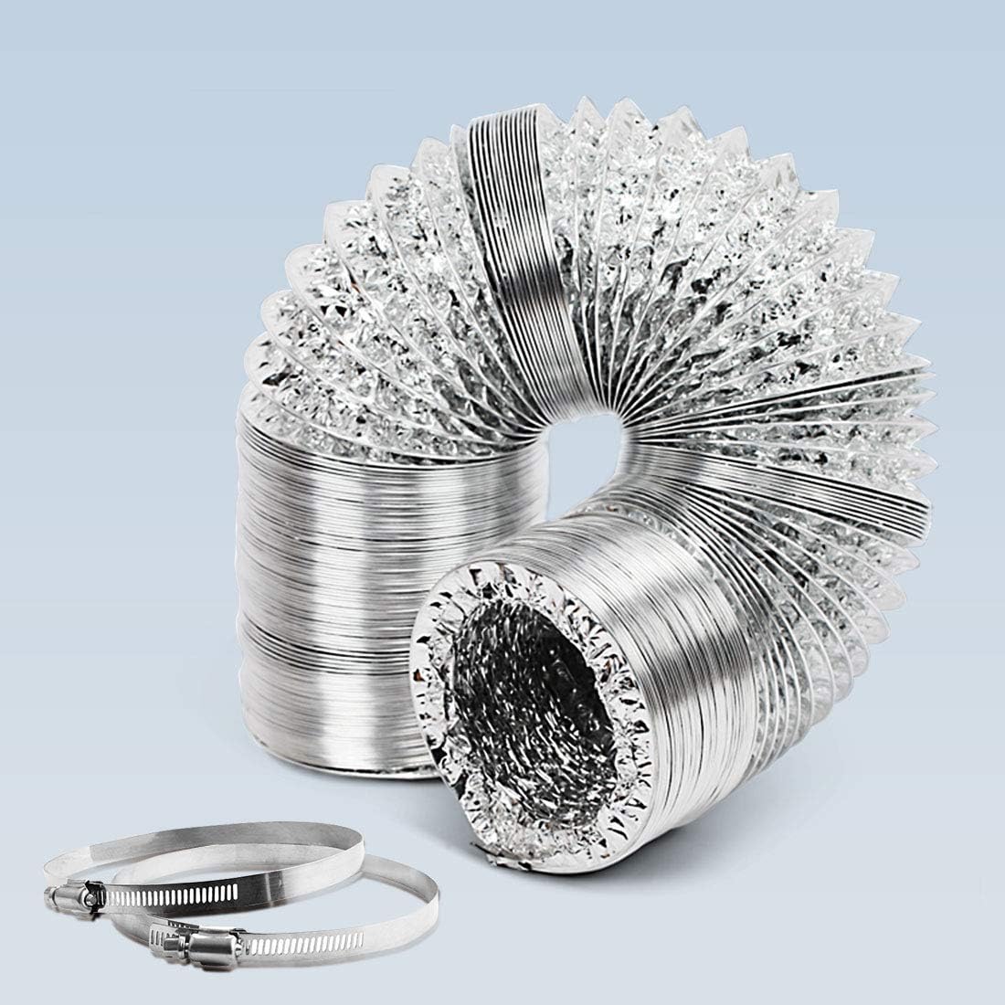 GROWNEER 6 Inch 25 Ft Aluminum Air Ducting with 2 Stainless Steel Clamps, Non-Insulated Flexible Air Duct Hose for HVAC Ventilation