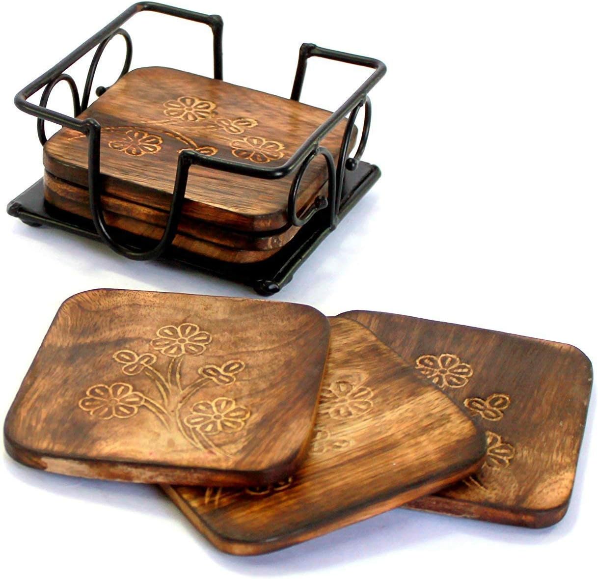 Wooden Tea Coasters Set of 6 with Wrought Iron Stand - Floral Design Engraved Coasters for Home Decor (Brown & Black)