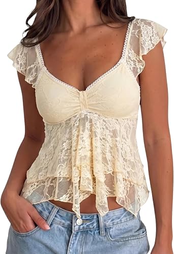 WYFC Lace Tops for Women Babydoll Tank Cap Sleeve Cute Going Out Shirt
