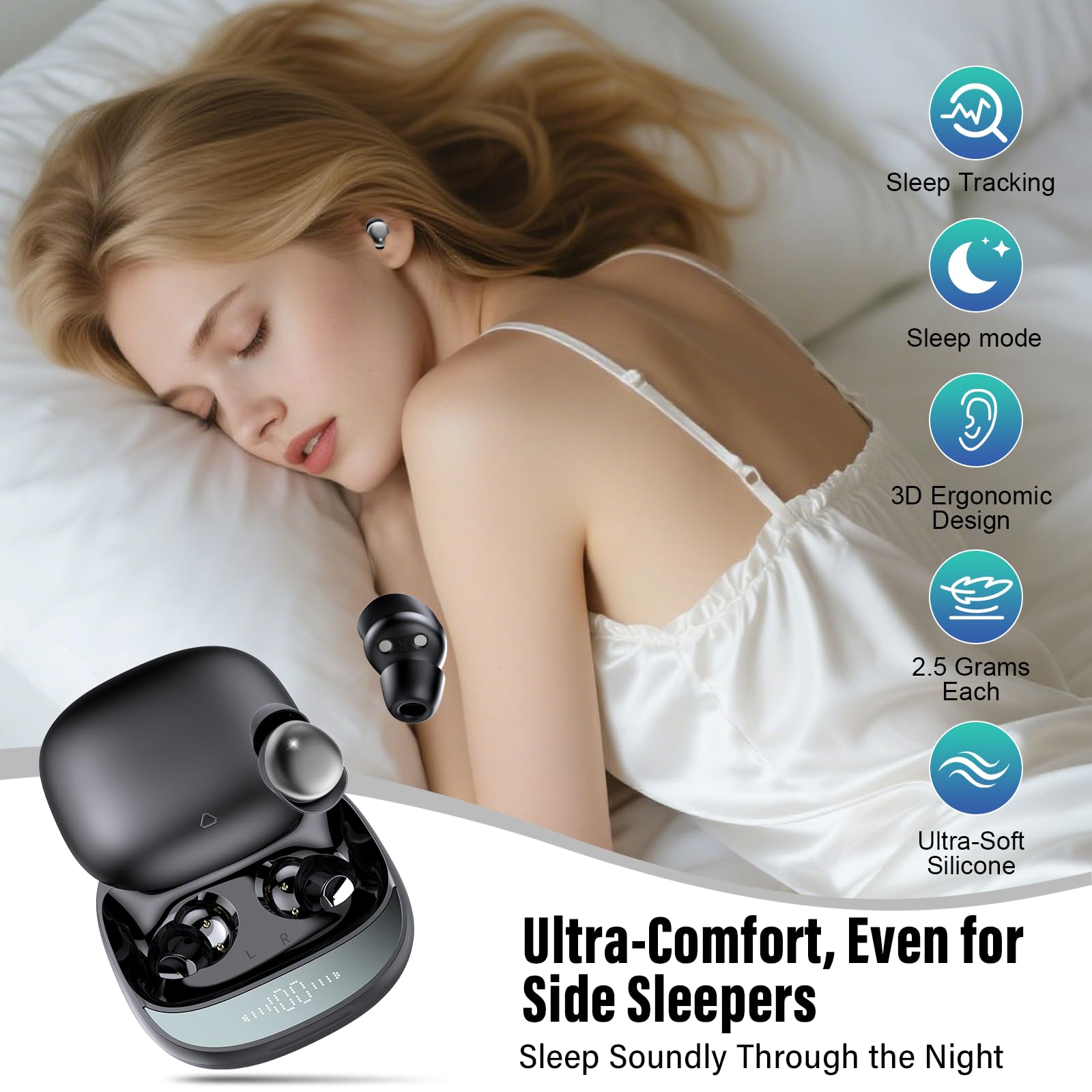 Ecouteurs Bluetooth sans Fil, Écouteurs Sommeil pour Dormir sur le Côté Avec Suivi du Sommeil, Sleep Earbuds Bluetooth 5.4 Mini Écouteurs Sans Fil pour Dormir Alarme personnelle Casques 48H(Noir jais)