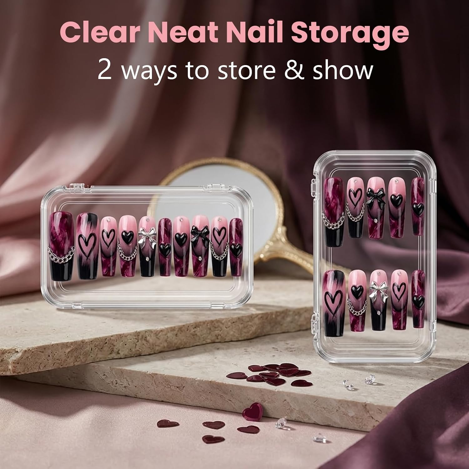 12 Pack Nail Storage Organizer for Press On Nails Versatile Transparent Boxes & 30 Double-Sided Tapes Plastic Clear Box for Fake Nails Storage Case Nail Display