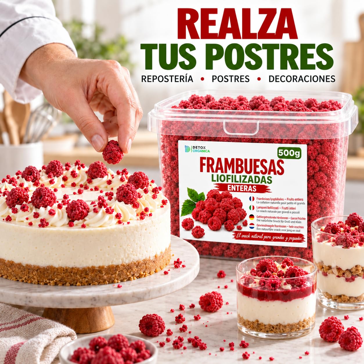 Detox Organica Frambuesas Liofilizadas 500g - Enteras - Cubo Resellable