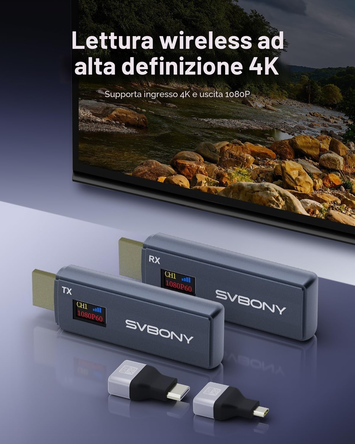 Svbony TransAir1 HDMI Wireless 4K, Trasmettitore e Ricevitore Wireless, 1080P@60Hz, Portata 80M, Display OLED, 2.4G/5G 9 Canali, Plug and Play, Ritardo di 0,06s per Laptop/PC/TV(No Gaming)