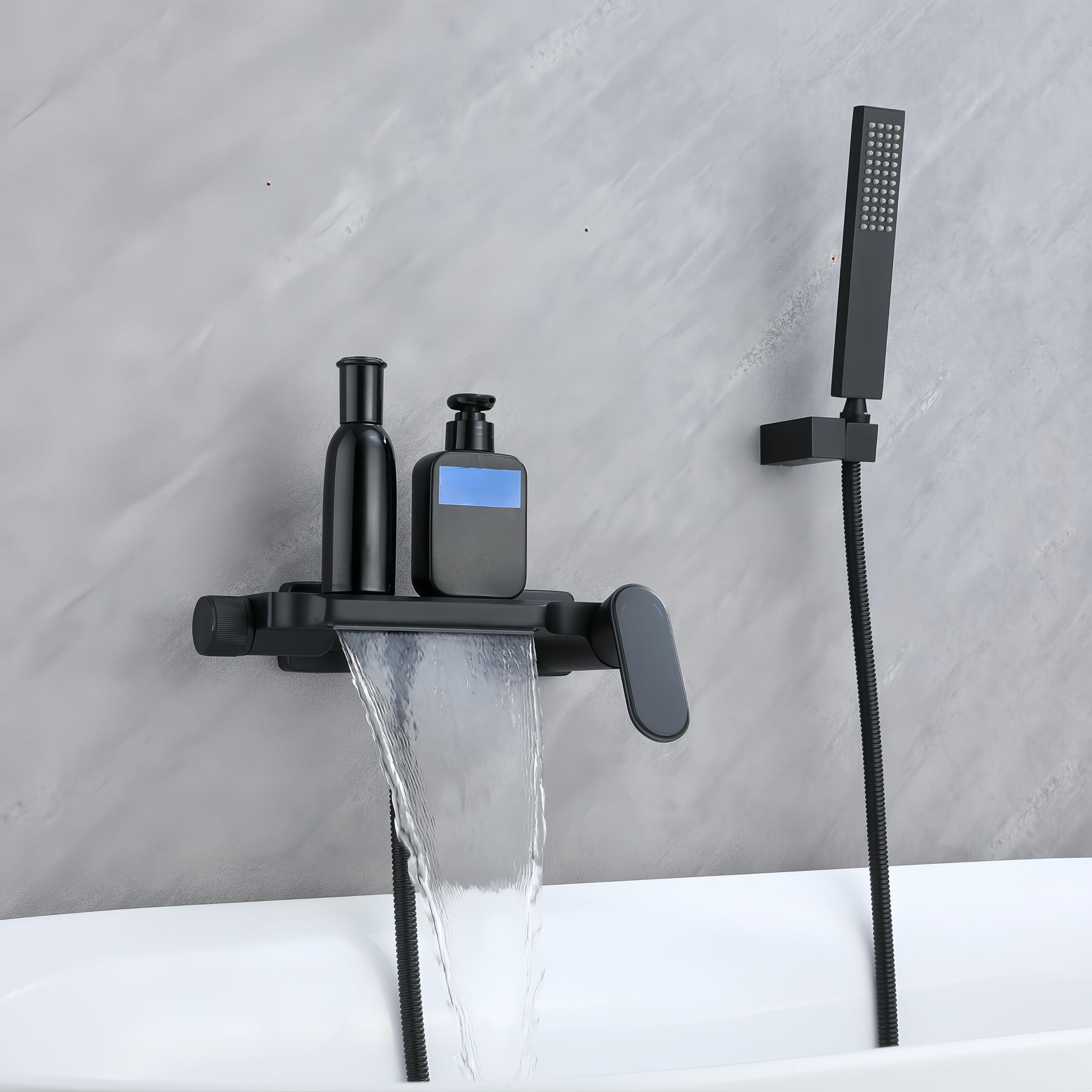 Grifo de Bañera Negro Cascada Con Ducha Monomando, Moderno Montaje en Pared de Latón Con Alcachofa