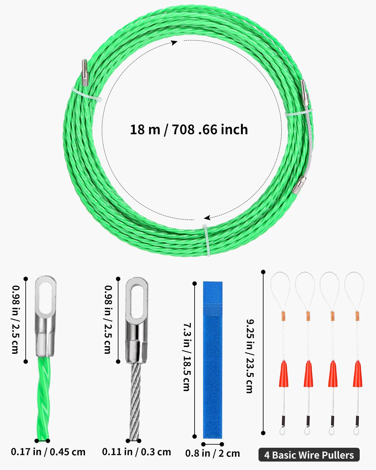 18 m spirala do ściągania kabli, drut naciągany, poliester drut do wciągania z 4 sprężynami prowadzącymi, taśma do wsuwania kabla Ø 4,5 mm, pomoc do wciągania kabli, do taśmy do układania kabli