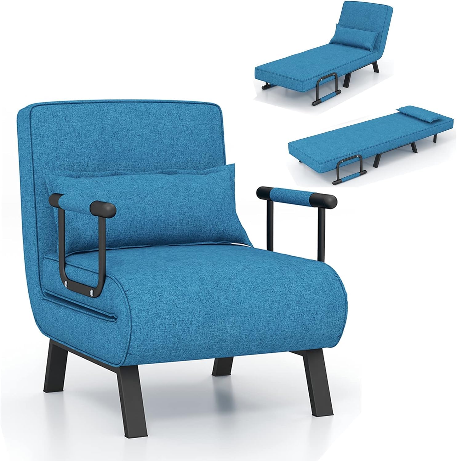 RELAX4LIFE 4 en 1 Sillón Relax Reclinable en 6 Posiciones 0-85°, Sofá Cama Plegable con Patas Ocultas y Cojín, Sillón Cama de 1 Plaza para Salón, Dormitorio y Oficina, Carga 150kg (Azul)