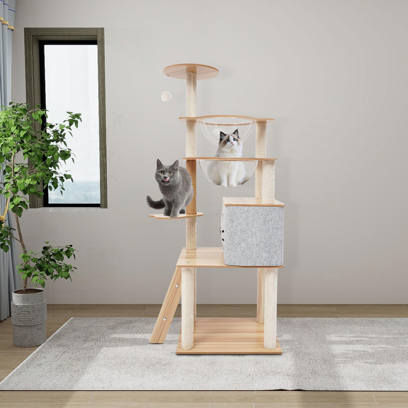 Rascador de madera, moderno árbol rascador para gatos con cueva para gatos, 50 × 40 × 135 cm, rascador para gatos grandes, estable, para 3-4 gatos pequeños y grandes, hasta 10 kg, gris