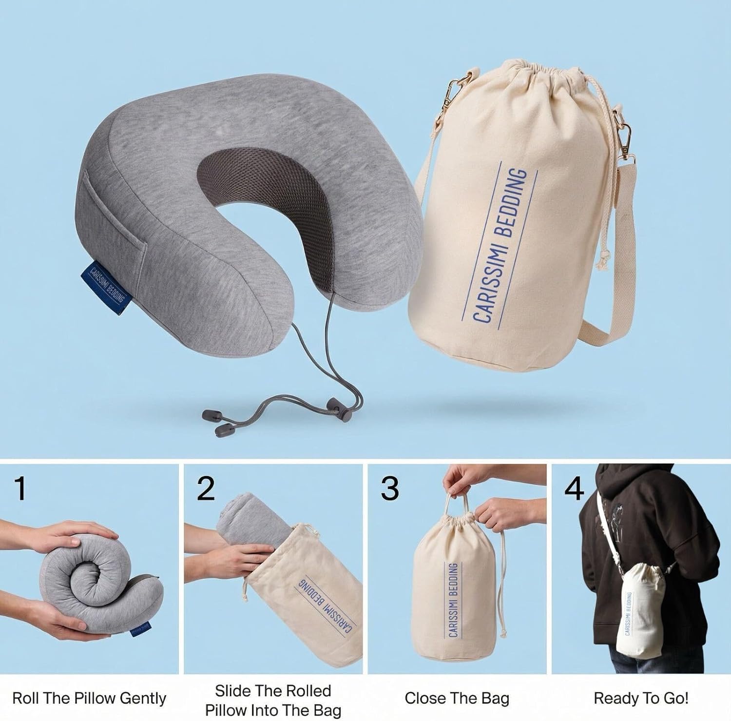 Travel Neck Pillow with Bag – Compact Memory Foam Neck Pillow for Airplane, Car and Office – Ergonomic Design for Travel Comfort and Shoulder & Neck Support - Image 2